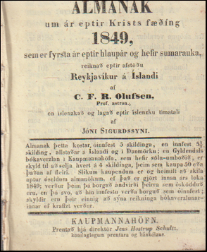 Almanak um r eptir Krists fing 1849 # 70033