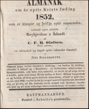 Almanak um r eptir Krists fing 1852 # 70036